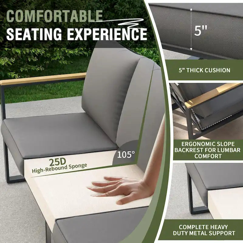 Ensemble de canapés de jardin moderne 4 pièces – Structure en fer avec coussins gris et table basse aspect bois