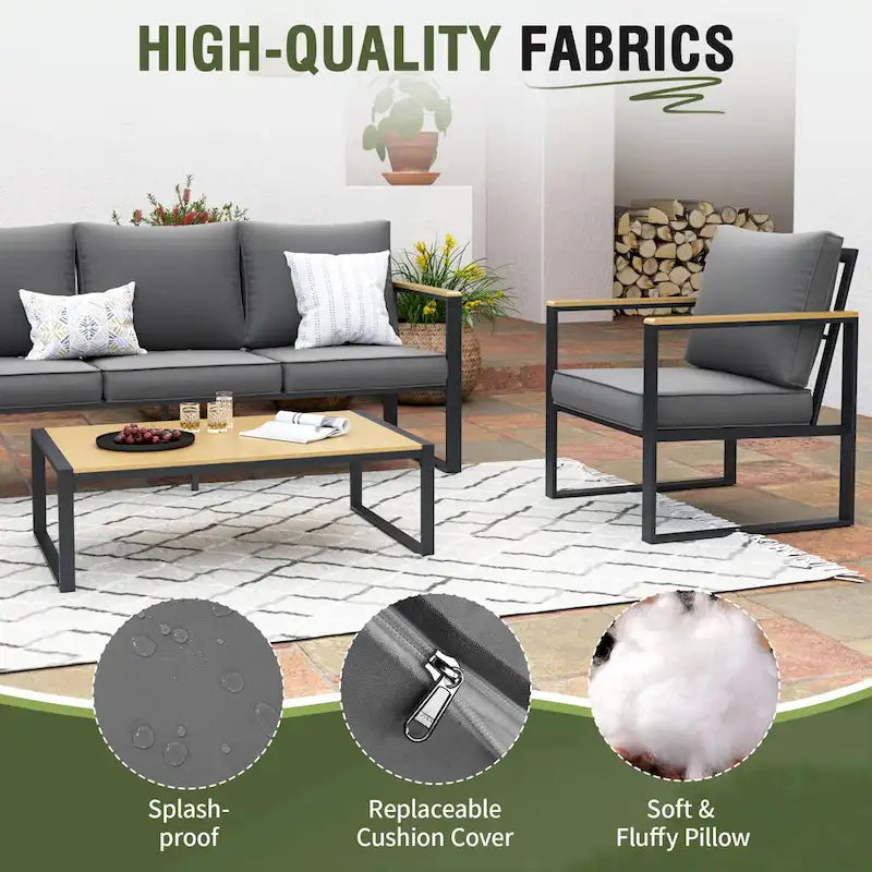 Ensemble de canapés de jardin moderne 4 pièces – Structure en fer avec coussins gris et table basse aspect bois