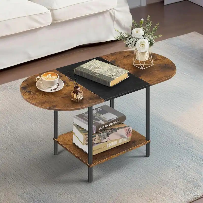 Table basse ovale du milieu du siècle avec rangement à 2 niveaux pour les petits espaces