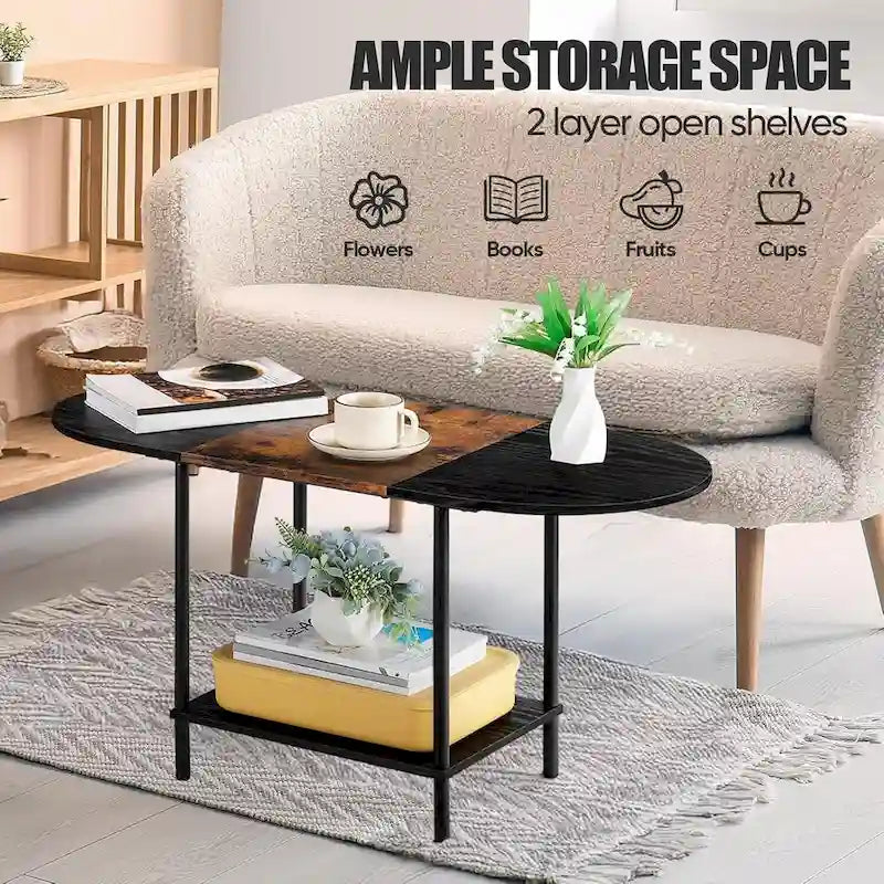 Table basse ovale du milieu du siècle avec rangement à 2 niveaux pour les petits espaces