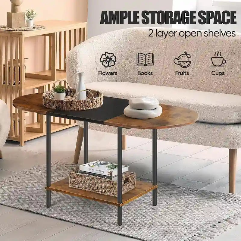 Table basse ovale du milieu du siècle avec rangement à 2 niveaux pour les petits espaces