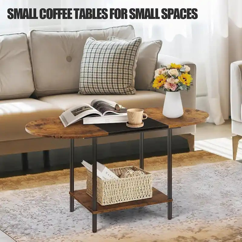 Table basse ovale du milieu du siècle avec rangement à 2 niveaux pour les petits espaces