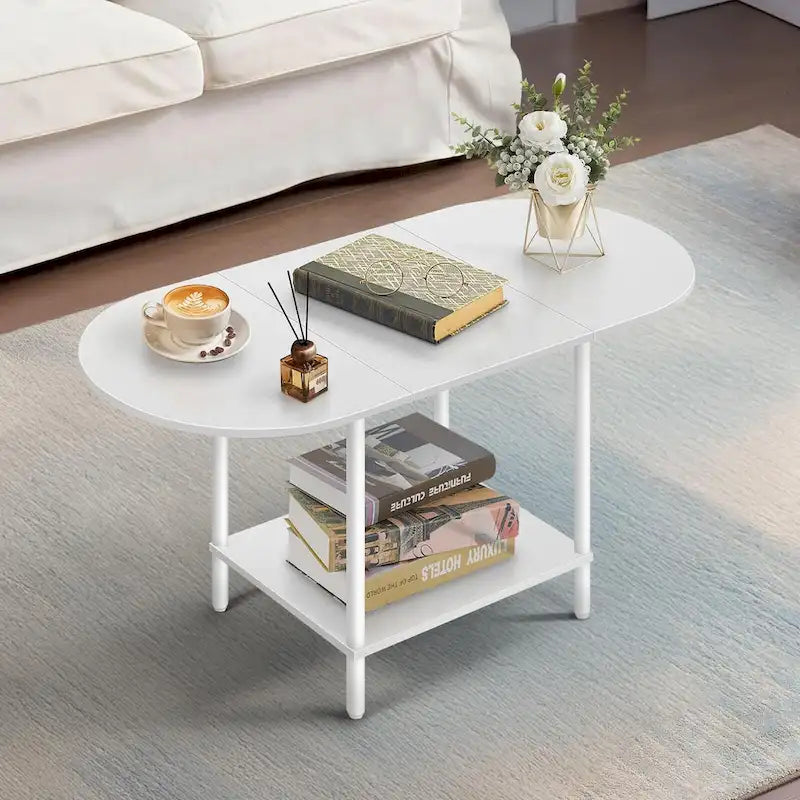 Table basse ovale du milieu du siècle avec rangement à 2 niveaux pour les petits espaces