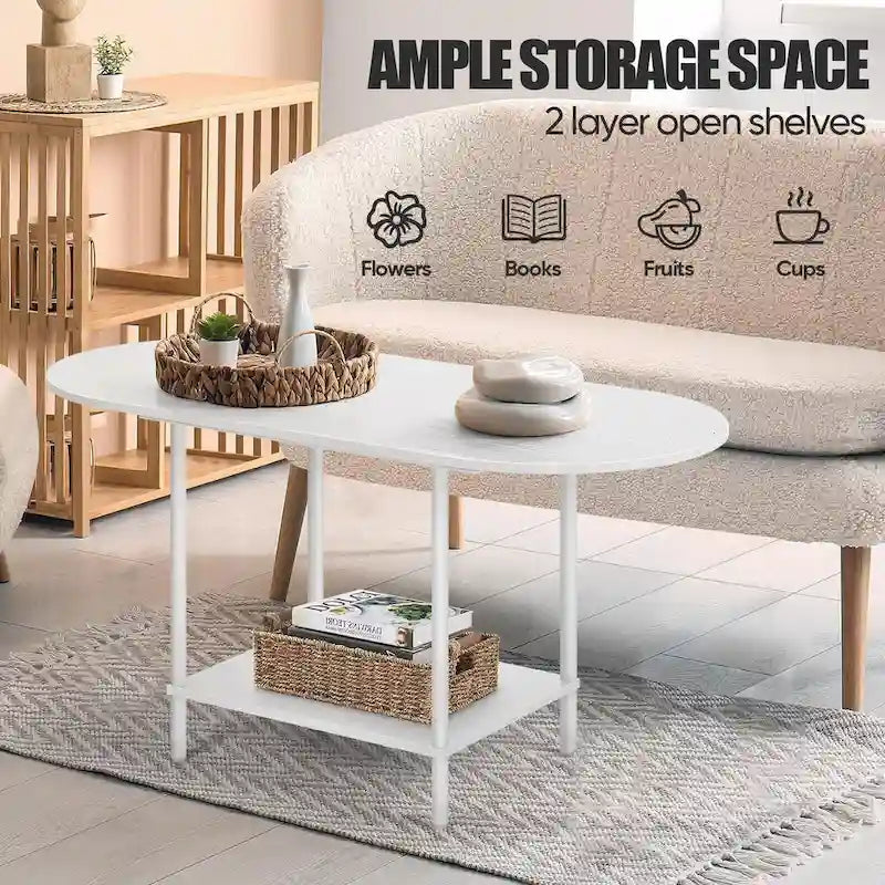 Table basse ovale du milieu du siècle avec rangement à 2 niveaux pour les petits espaces