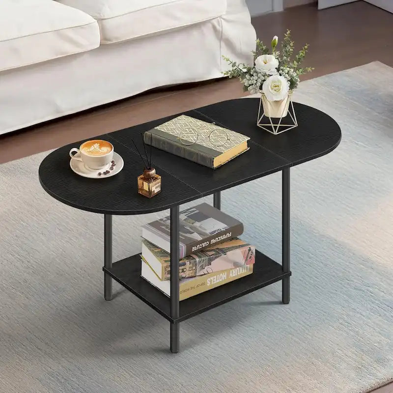Table basse ovale du milieu du siècle avec rangement à 2 niveaux pour les petits espaces