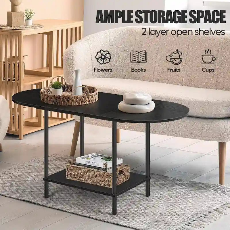 Table basse ovale du milieu du siècle avec rangement à 2 niveaux pour les petits espaces