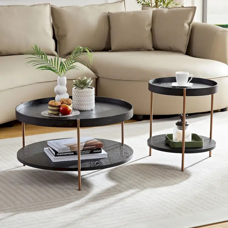 Table basse multifonctionnelle ronde à 2 niveaux, 2 pièces, moderne, avec pieds en acier inoxydable, idéale pour le salon, la chambre et le balcon
