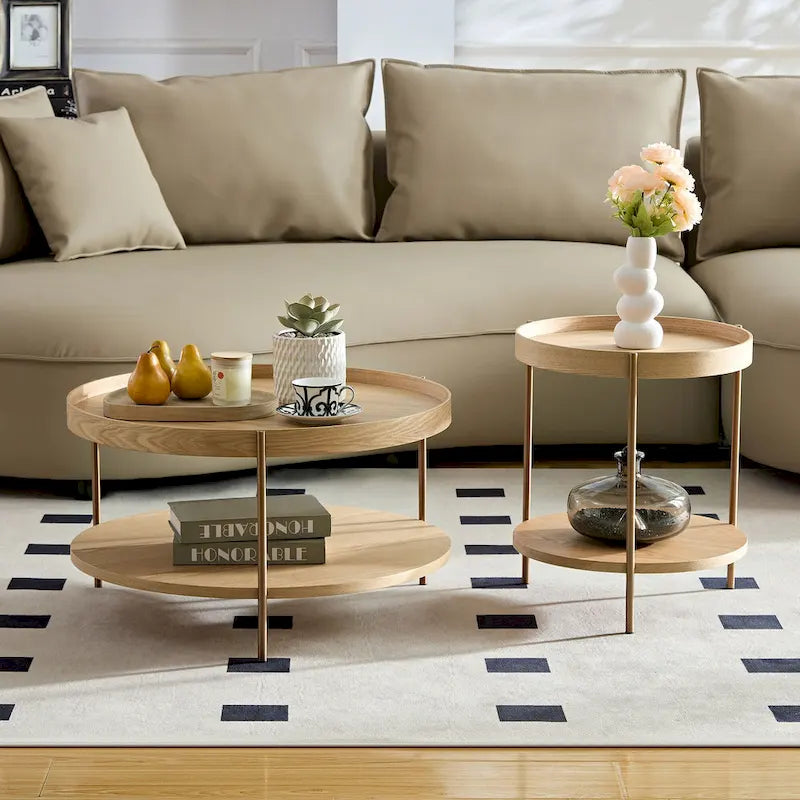 Table basse multifonctionnelle ronde à 2 niveaux, 2 pièces, moderne, avec pieds en acier inoxydable, idéale pour le salon, la chambre et le balcon