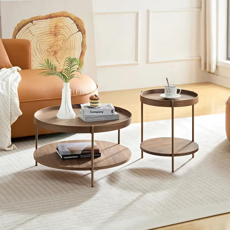 Table basse multifonctionnelle ronde à 2 niveaux, 2 pièces, moderne, avec pieds en acier inoxydable, idéale pour le salon, la chambre et le balcon