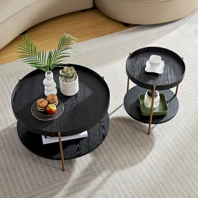 Table basse multifonctionnelle ronde à 2 niveaux, 2 pièces, moderne, avec pieds en acier inoxydable, idéale pour le salon, la chambre et le balcon