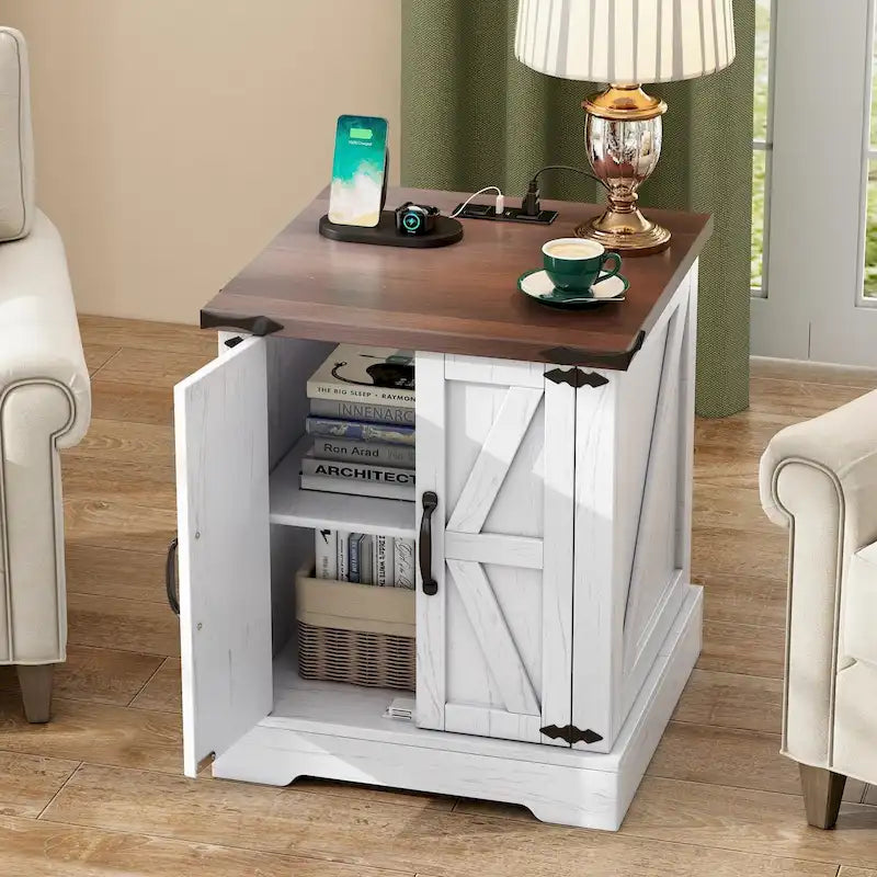 Table d'appoint moderne réglable de 19,6 pouces de large avec station de charge, 2 prises CA et 2 ports USB, idéale pour la chambre à coucher et le salon