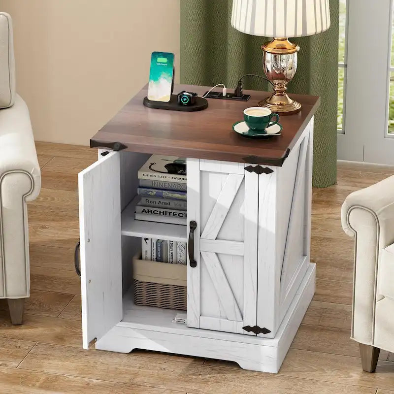 19.6 Wide Modern Adjustable End Table with Charging Station, 2 AC Outlets and 2 USB Ports, Suitable for Bedroom, Living Room