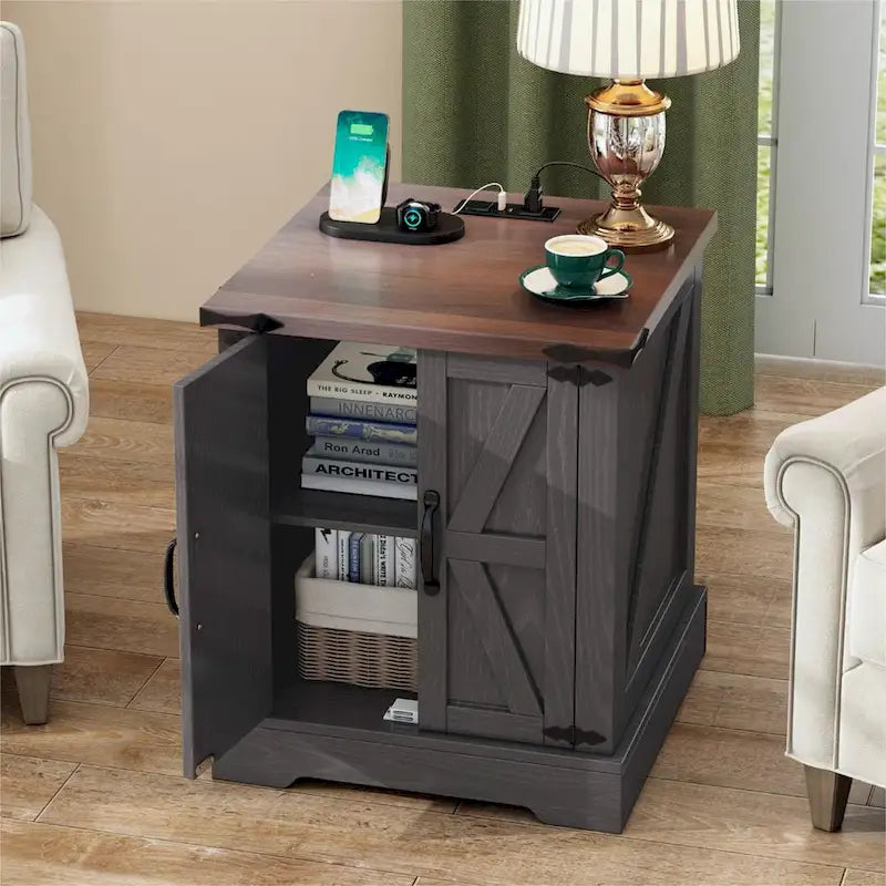 Table d'appoint moderne réglable de 19,6 pouces de large avec station de charge, 2 prises CA et 2 ports USB, idéale pour la chambre à coucher et le salon