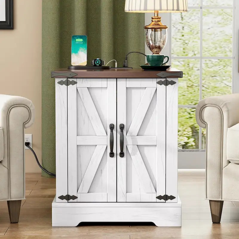 Table d'appoint moderne réglable de 19,6 pouces de large avec station de charge, 2 prises CA et 2 ports USB, idéale pour la chambre à coucher et le salon