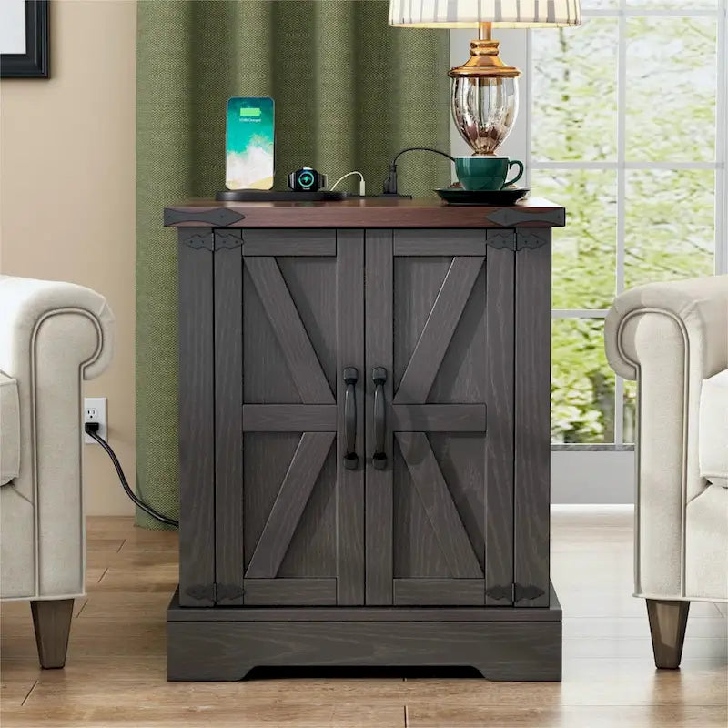Table d'appoint moderne réglable de 19,6 pouces de large avec station de charge, 2 prises CA et 2 ports USB, idéale pour la chambre à coucher et le salon