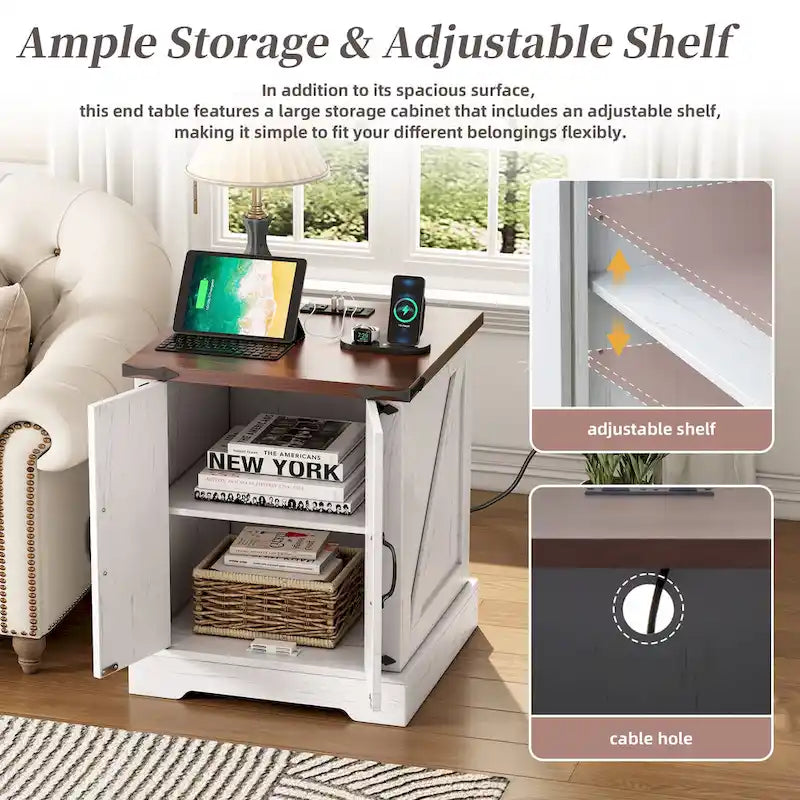 Table d'appoint moderne réglable de 19,6 pouces de large avec station de charge, 2 prises CA et 2 ports USB, idéale pour la chambre à coucher et le salon