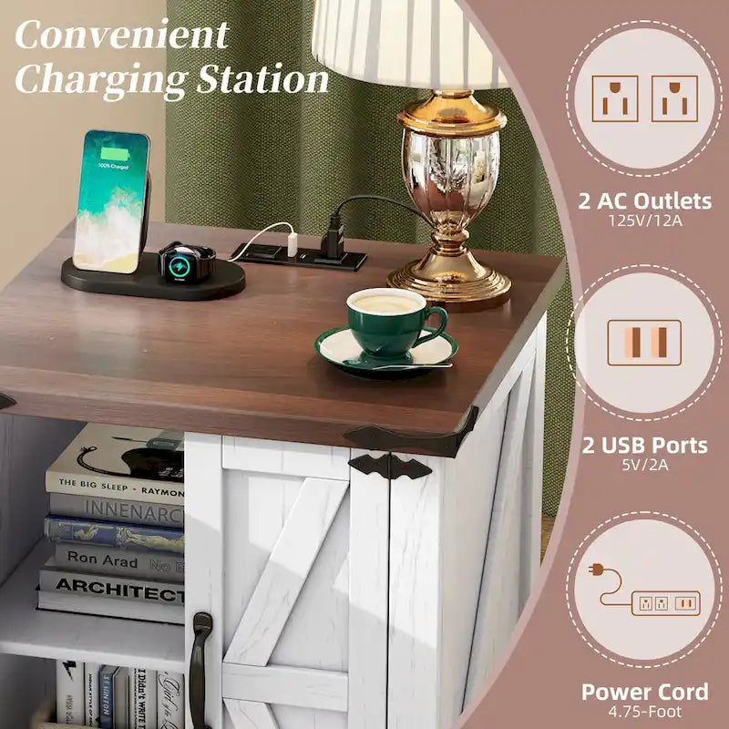 Table d'appoint moderne réglable de 19,6 pouces de large avec station de charge, 2 prises CA et 2 ports USB, idéale pour la chambre à coucher et le salon