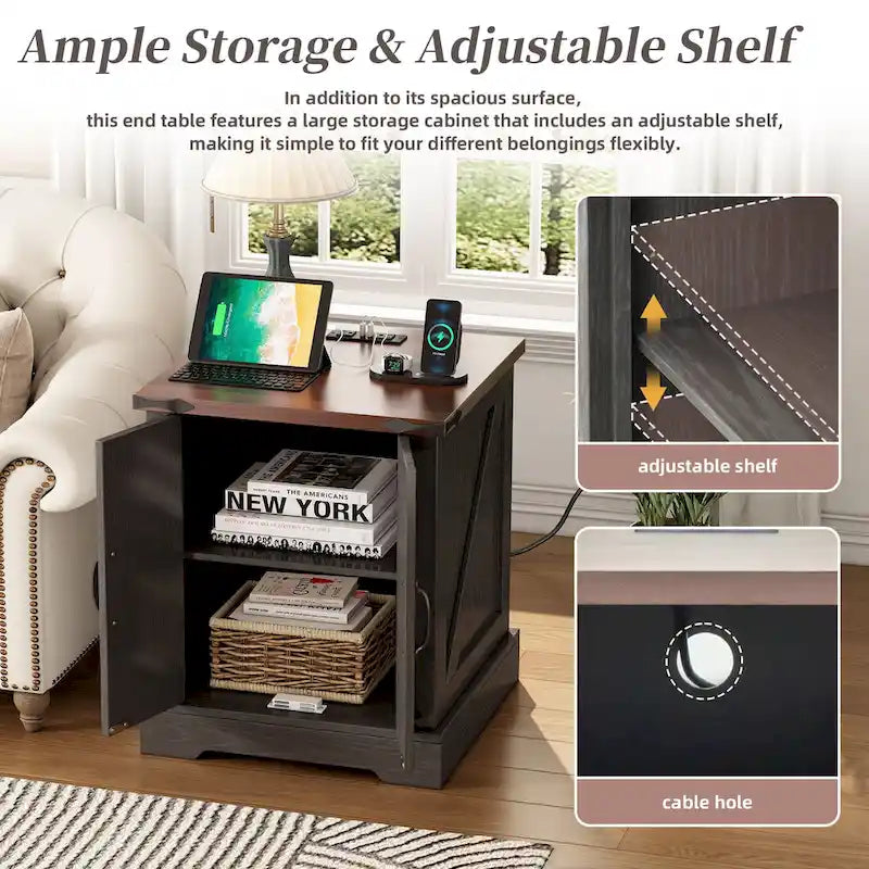 Table d'appoint moderne réglable de 19,6 pouces de large avec station de charge, 2 prises CA et 2 ports USB, idéale pour la chambre à coucher et le salon