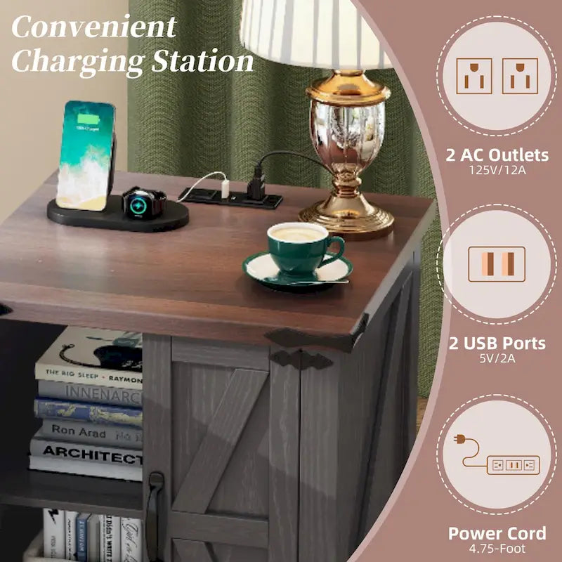 Table d'appoint moderne réglable de 19,6 pouces de large avec station de charge, 2 prises CA et 2 ports USB, idéale pour la chambre à coucher et le salon