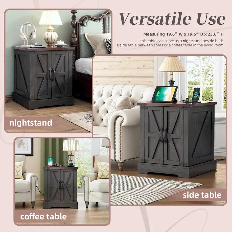 Table d'appoint moderne réglable de 19,6 pouces de large avec station de charge, 2 prises CA et 2 ports USB, idéale pour la chambre à coucher et le salon