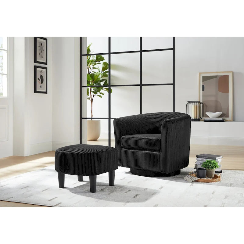Fauteuil d'appoint pivotant à 360° en velours avec pouf et accoudoirs confortable