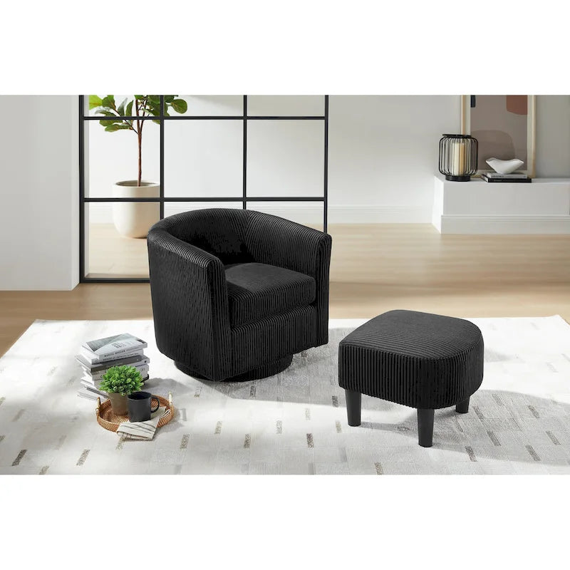 Fauteuil d'appoint pivotant à 360° en velours avec pouf et accoudoirs confortable