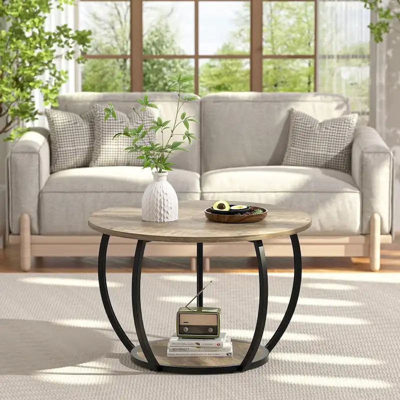 Table basse de ferme ronde avec rangement et pieds réglables pour petits espaces