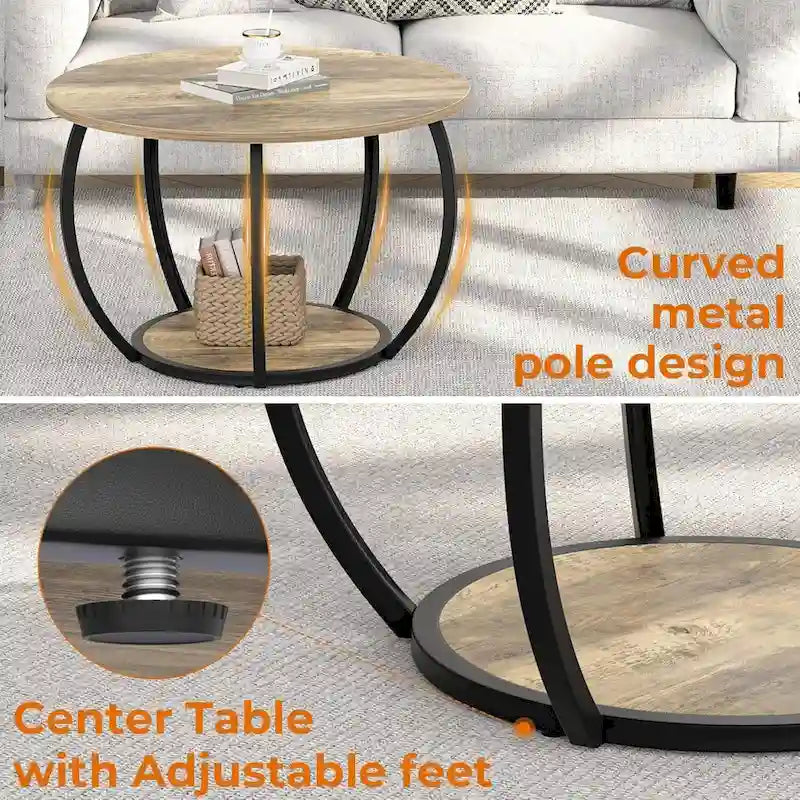Table basse de ferme ronde avec rangement et pieds réglables pour petits espaces