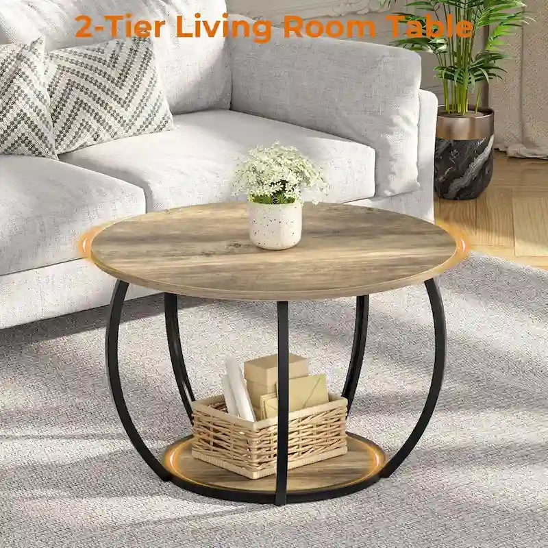 Table basse de ferme ronde avec rangement et pieds réglables pour petits espaces
