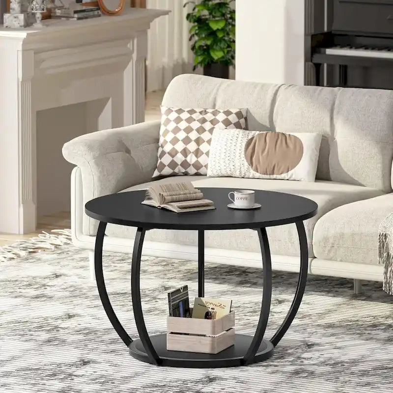 Table basse de ferme ronde avec rangement et pieds réglables pour petits espaces