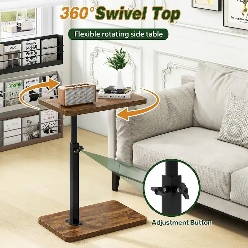 Table d'appoint en C réglable avec pivotement à 360° et fente pour téléphone pour canapé/lit