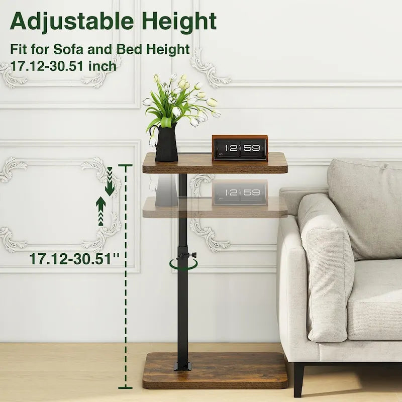 Table d'appoint en C réglable avec pivotement à 360° et fente pour téléphone pour canapé/lit