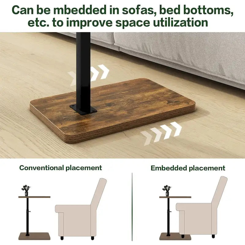 Table d'appoint en C réglable avec pivotement à 360° et fente pour téléphone pour canapé/lit
