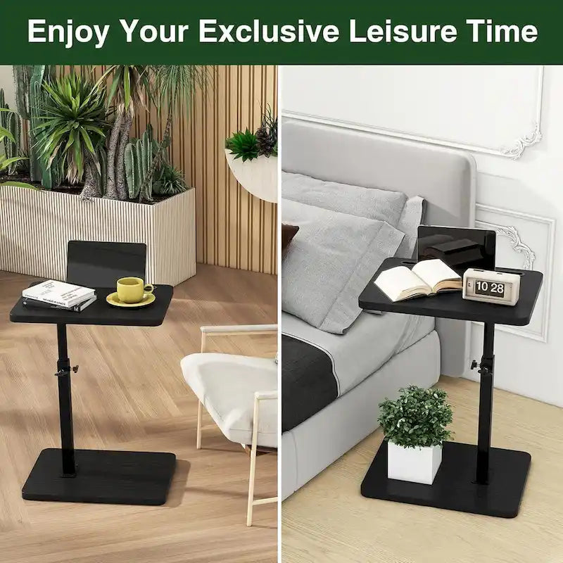 Table d'appoint en C réglable avec pivotement à 360° et fente pour téléphone pour canapé/lit