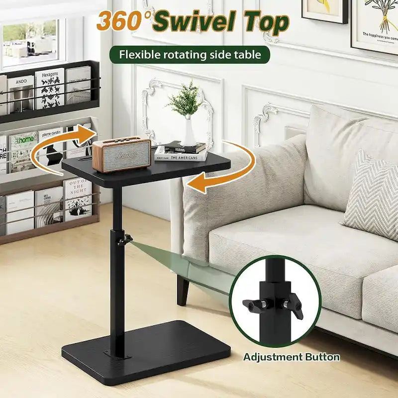Table d'appoint en C réglable avec pivotement à 360° et fente pour téléphone pour canapé/lit