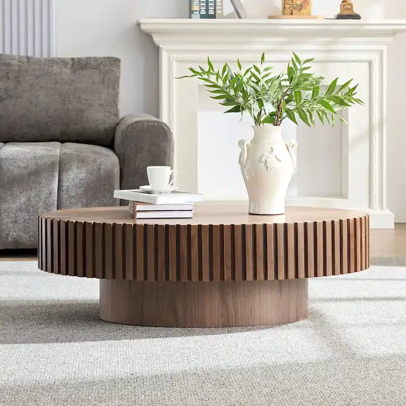 43.7 Modern Oval Coffee Table with Sturdy Base, Solid Wood Carvings, Wood Grain Design, Suitable for Living Room and Bedroom