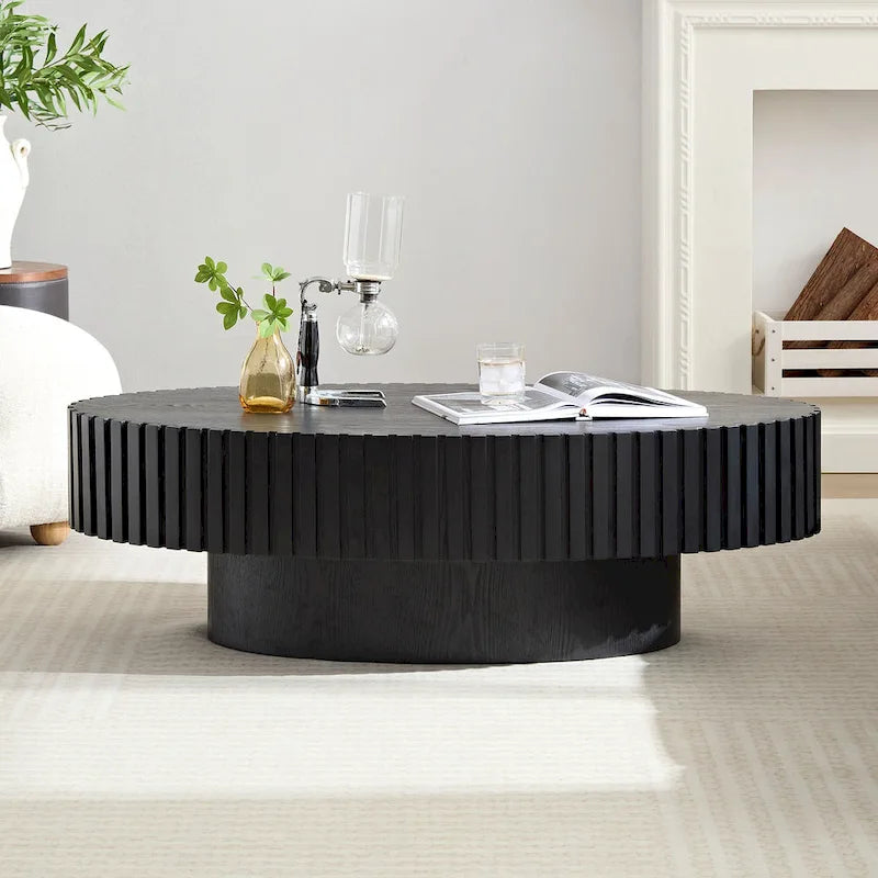 43,7 Table basse ovale moderne avec base robuste, sculptures en bois massif, conception en grain de bois, adaptée au salon et à la chambre