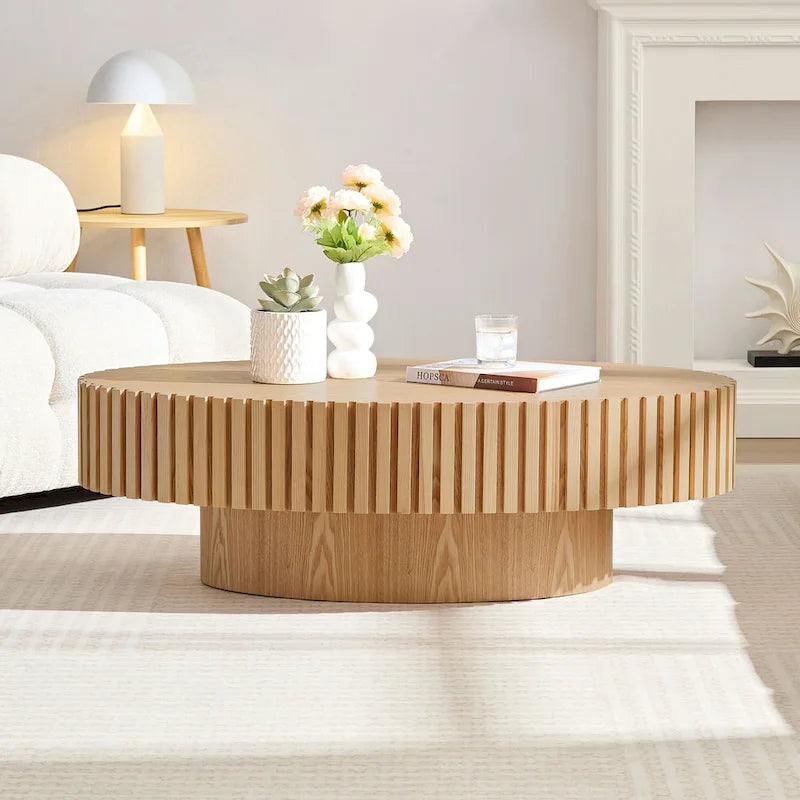 43,7 Table basse ovale moderne avec base robuste, sculptures en bois massif, conception en grain de bois, adaptée au salon et à la chambre
