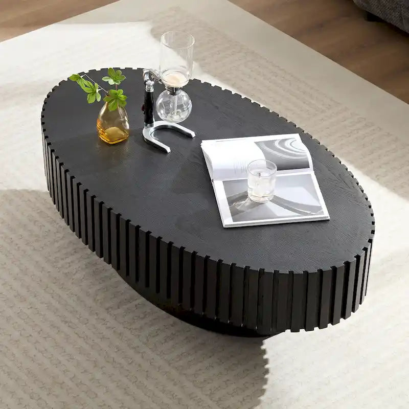 43,7 Table basse ovale moderne avec base robuste, sculptures en bois massif, conception en grain de bois, adaptée au salon et à la chambre