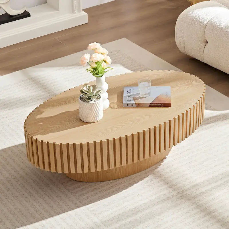 43,7 Table basse ovale moderne avec base robuste, sculptures en bois massif, conception en grain de bois, adaptée au salon et à la chambre