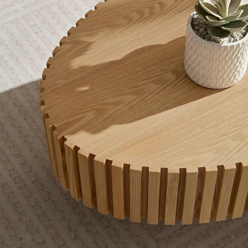 43,7 Table basse ovale moderne avec base robuste, sculptures en bois massif, conception en grain de bois, adaptée au salon et à la chambre