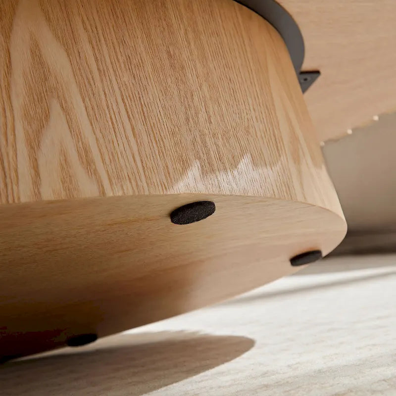43,7 Table basse ovale moderne avec base robuste, sculptures en bois massif, conception en grain de bois, adaptée au salon et à la chambre