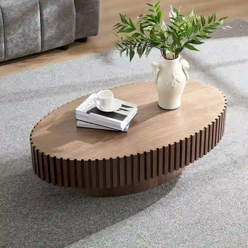 43,7 Table basse ovale moderne avec base robuste, sculptures en bois massif, conception en grain de bois, adaptée au salon et à la chambre