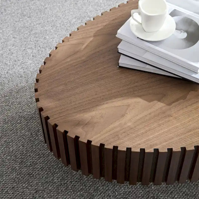 43,7 Table basse ovale moderne avec base robuste, sculptures en bois massif, conception en grain de bois, adaptée au salon et à la chambre