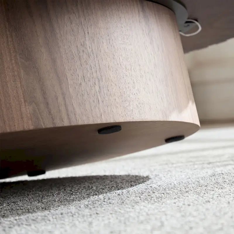 43,7 Table basse ovale moderne avec base robuste, sculptures en bois massif, conception en grain de bois, adaptée au salon et à la chambre