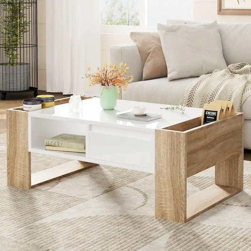 Table basse moderne, table d'appoint bicolore avec étagère de rangement ouverte et 2 tiroirs, convient pour le salon et la chambre à coucher
