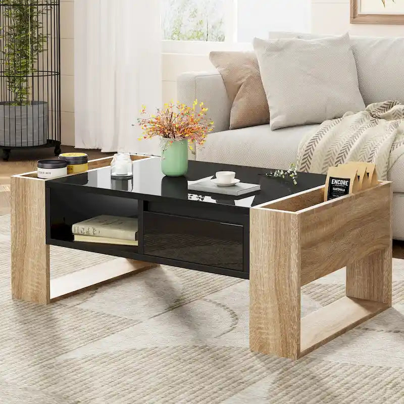 Table basse moderne, table d'appoint bicolore avec étagère de rangement ouverte et 2 tiroirs, convient pour le salon et la chambre à coucher