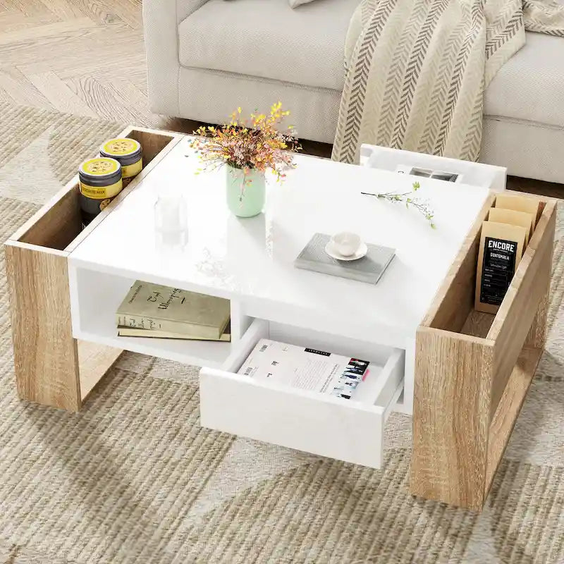 Table basse moderne, table d'appoint bicolore avec étagère de rangement ouverte et 2 tiroirs, convient pour le salon et la chambre à coucher