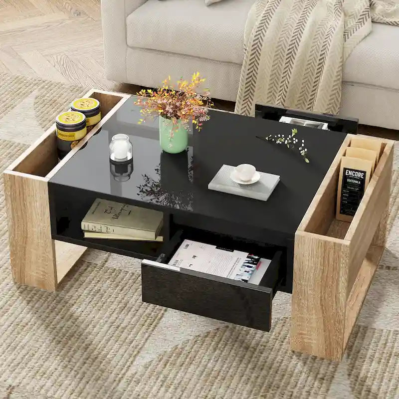 Table basse moderne, table d'appoint bicolore avec étagère de rangement ouverte et 2 tiroirs, convient pour le salon et la chambre à coucher