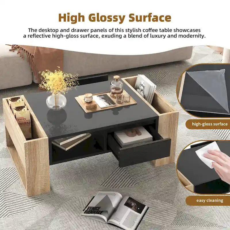 Table basse moderne, table d'appoint bicolore avec étagère de rangement ouverte et 2 tiroirs, convient pour le salon et la chambre à coucher